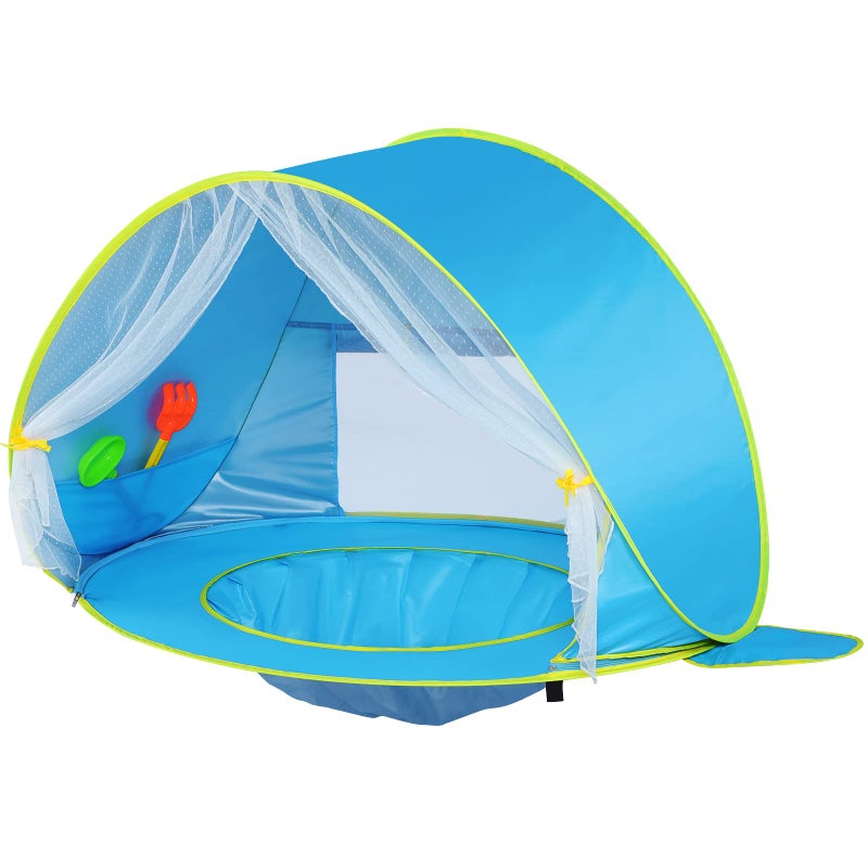 Monobeach Baby Beach Tent, Beach Canopy Sun Shelter UPF50+ UV Protection Baby Pool with Canopy, Easy Set Up Pop Up Baby Beach Shade Pool for Toddlers Outdoor Camping Pool Fun (Front Mesh Blue) - Image 1