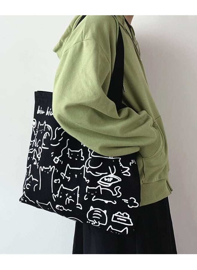 Excefore - Cat Canvas Tote Bag, Large Cute Tote Bag for Women with Zip, Cotton Reusable Shopping Bag with Pocket, Shopper Bag Cat Lovers Gift - Image 1