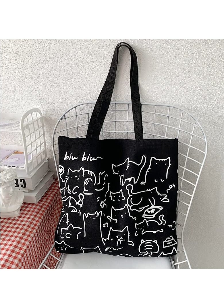 Excefore - Cat Canvas Tote Bag, Large Cute Tote Bag for Women with Zip, Cotton Reusable Shopping Bag with Pocket, Shopper Bag Cat Lovers Gift - Image 1