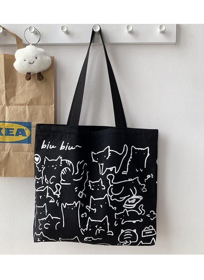 Excefore - Cat Canvas Tote Bag, Large Cute Tote Bag for Women with Zip, Cotton Reusable Shopping Bag with Pocket, Shopper Bag Cat Lovers Gift - Image 1