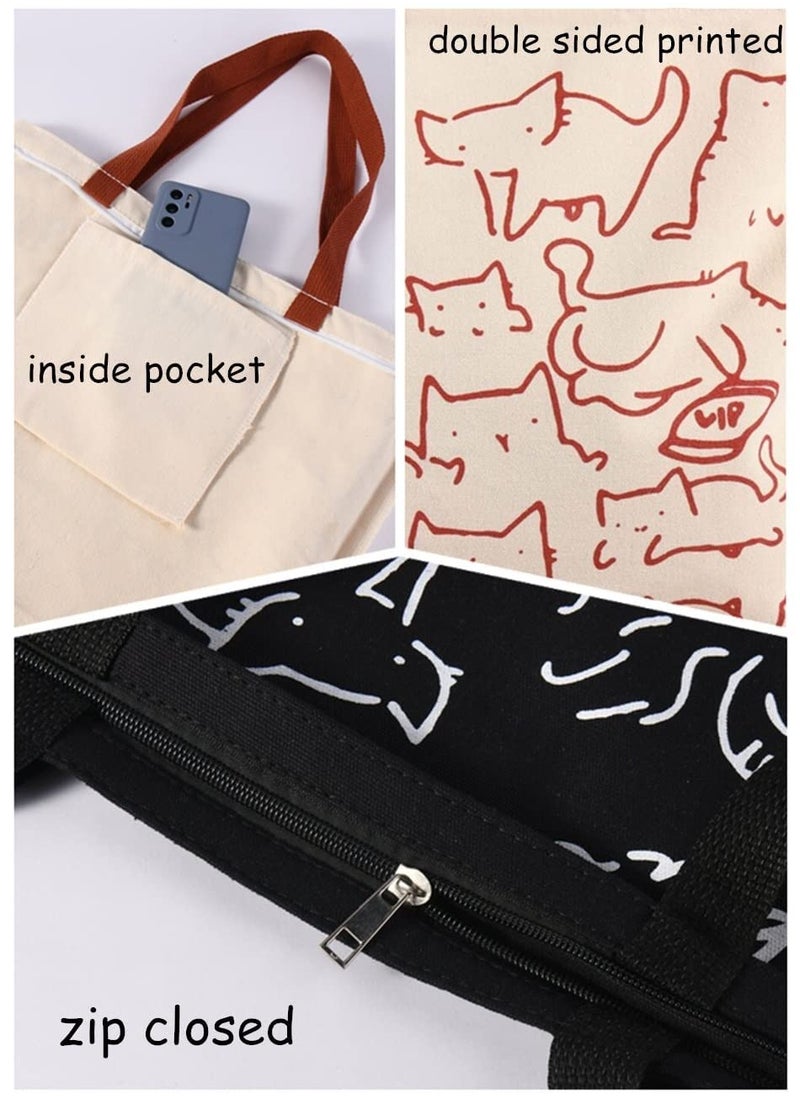 Excefore - Cat Canvas Tote Bag, Large Cute Tote Bag for Women with Zip, Cotton Reusable Shopping Bag with Pocket, Shopper Bag Cat Lovers Gift - Image 1