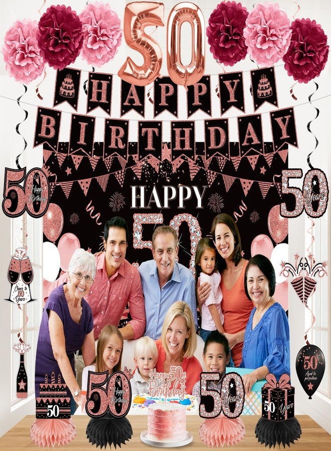 Eucutur 42PCS 50th Birthday Decoration Kit for Men Women, Rose Gold Happy 50th Bday Banner Balloons Honeycomb Centerpiece Swirl Paper Pompoms Party Supplies, 50 Bday Sash Table Cake Topper Swirls Set - Image 5