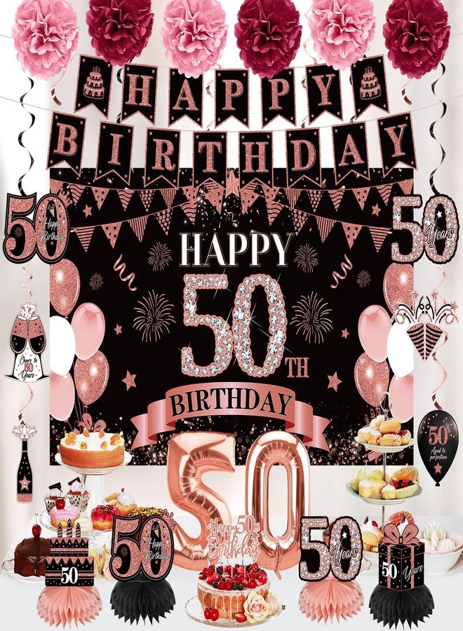 Eucutur 42PCS 50th Birthday Decoration Kit for Men Women, Rose Gold Happy 50th Bday Banner Balloons Honeycomb Centerpiece Swirl Paper Pompoms Party Supplies, 50 Bday Sash Table Cake Topper Swirls Set - Image 4