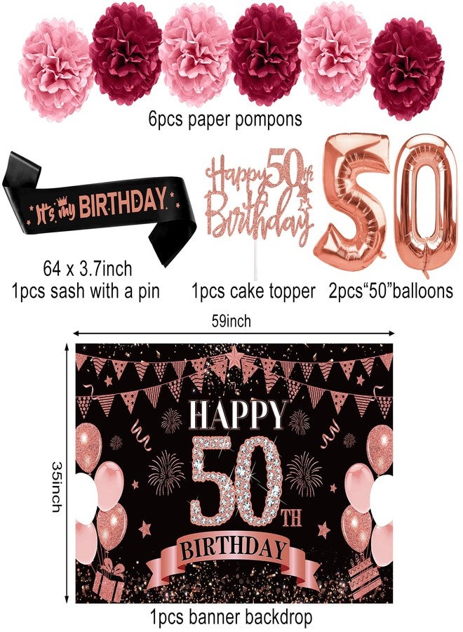 Eucutur 42PCS 50th Birthday Decoration Kit for Men Women, Rose Gold Happy 50th Bday Banner Balloons Honeycomb Centerpiece Swirl Paper Pompoms Party Supplies, 50 Bday Sash Table Cake Topper Swirls Set - Image 3