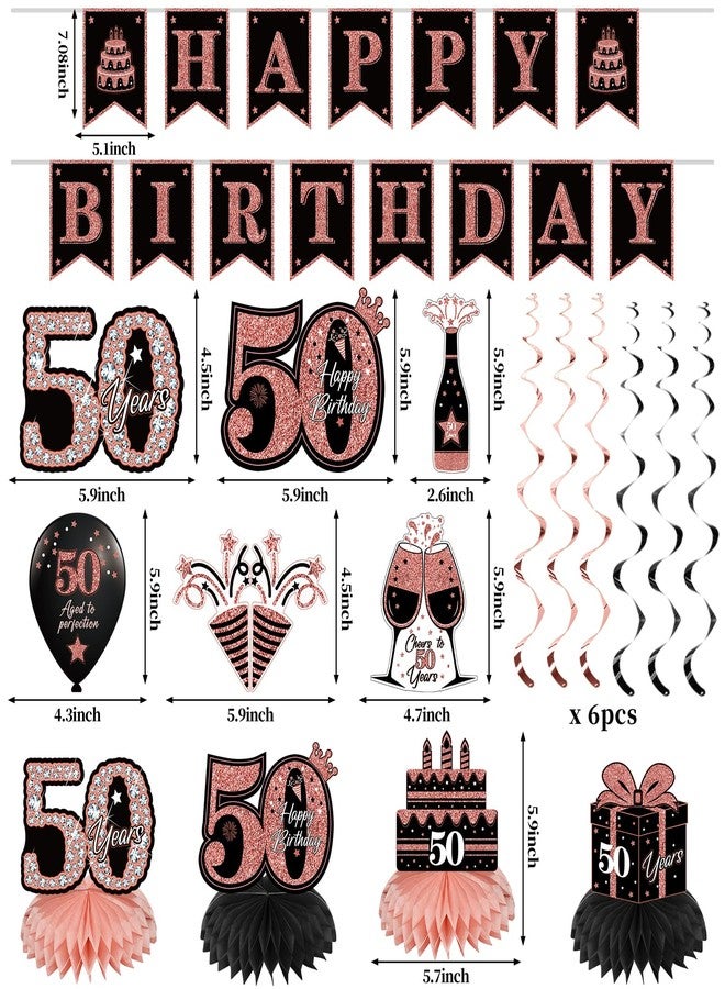 Eucutur 42PCS 50th Birthday Decoration Kit for Men Women, Rose Gold Happy 50th Bday Banner Balloons Honeycomb Centerpiece Swirl Paper Pompoms Party Supplies, 50 Bday Sash Table Cake Topper Swirls Set - Image 2