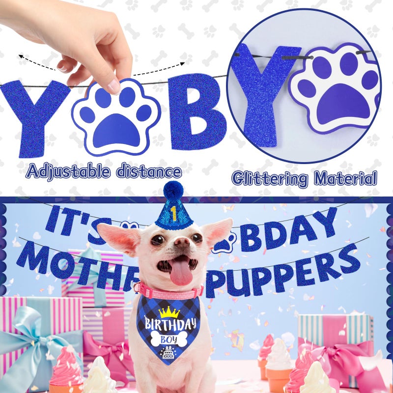 Bolake Blue Dog Birthday Party Supplies Pet Birthday Bandanas Boy Doggy Birthdays Hat Bow Tie Greeting Card Numbers It's My Bday Mother Puppers Sign Banner for Medium Large Pets - Image 3