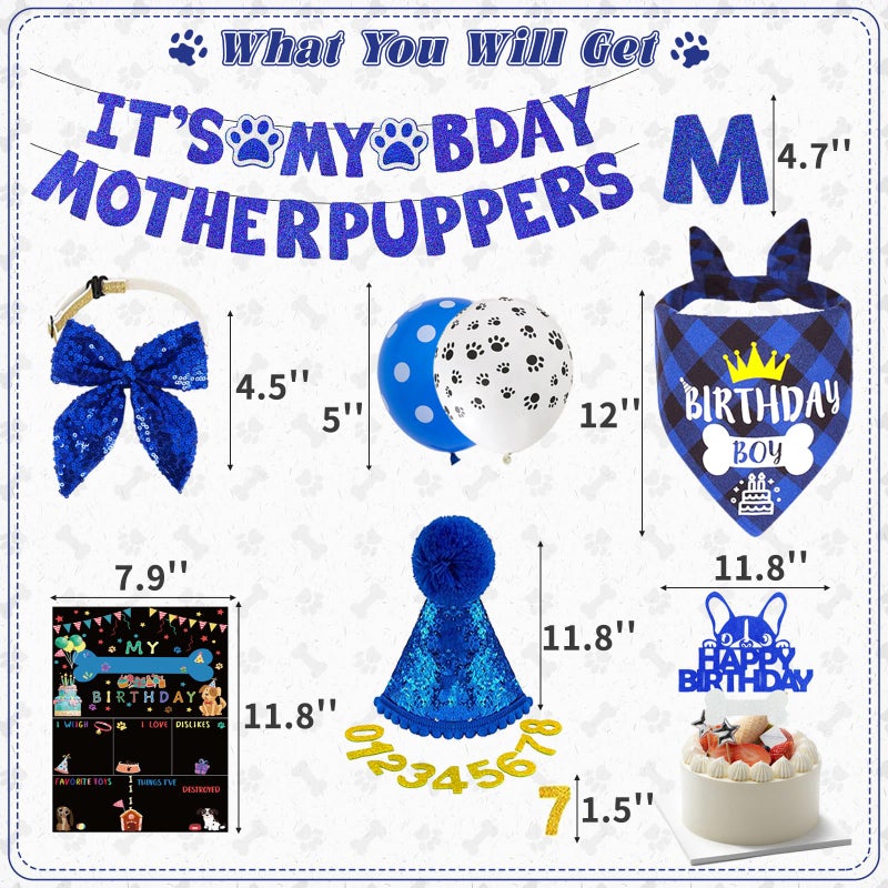 Bolake Blue Dog Birthday Party Supplies Pet Birthday Bandanas Boy Doggy Birthdays Hat Bow Tie Greeting Card Numbers It's My Bday Mother Puppers Sign Banner for Medium Large Pets - Image 2
