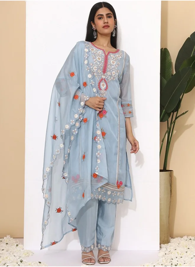آي شين Straight Fit Embroidered Pattern Round Neck Three-Quarter Sleeves Sky Blue Colour Knitted Cotton Kurta Set for Women with Semi Elastic Closure - Designed with Style and Comfort