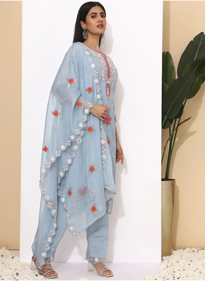 آي شين Straight Fit Embroidered Pattern Round Neck Three-Quarter Sleeves Sky Blue Colour Knitted Cotton Kurta Set for Women with Semi Elastic Closure - Designed with Style and Comfort