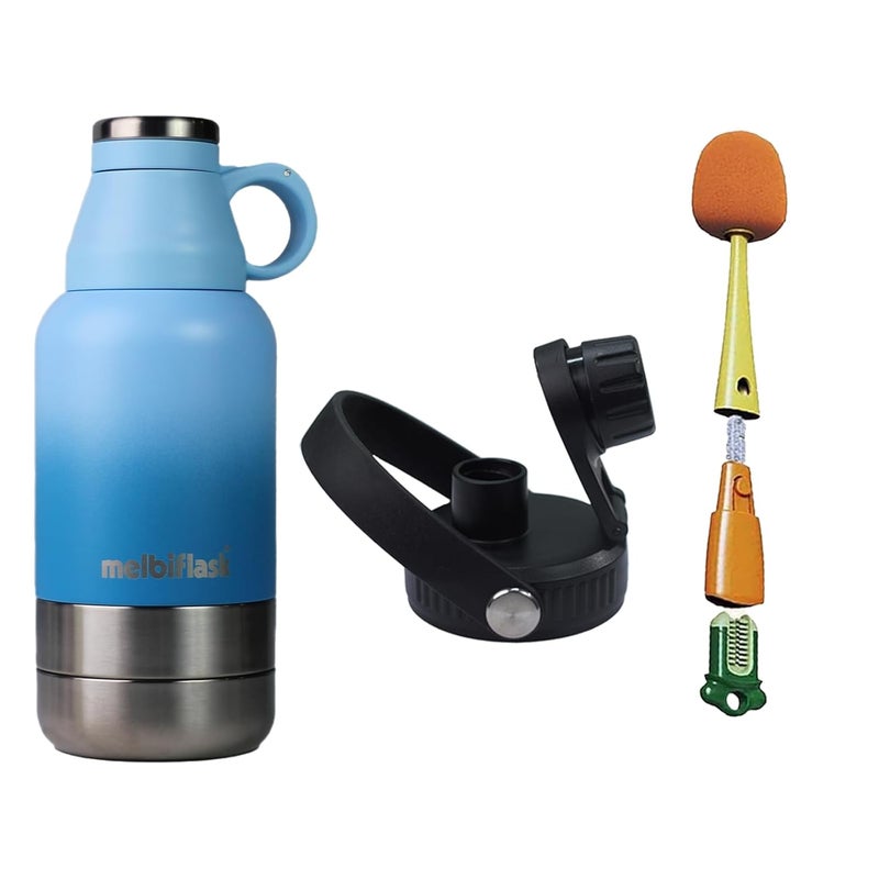 Melbify 3in1 Flask with Storage Bowls Pourout Lid BrushVacuum Insulated1 Litre HotCold Water FlaskStainless SteelBlue
