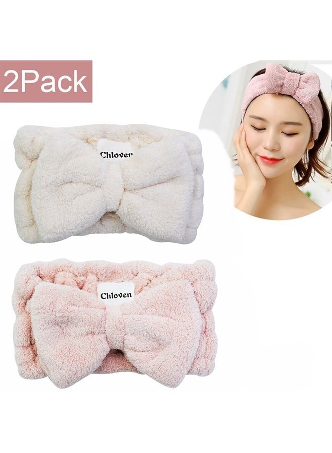 Chloven 2 Pack Microfiber Bowtie Headbands Facial Makeup Headband Cosmetic Bowknot Hairlace Wash Spa Yoga Sports Shower Adjustable Elastic Hair Band for Girls and Women - Image 4