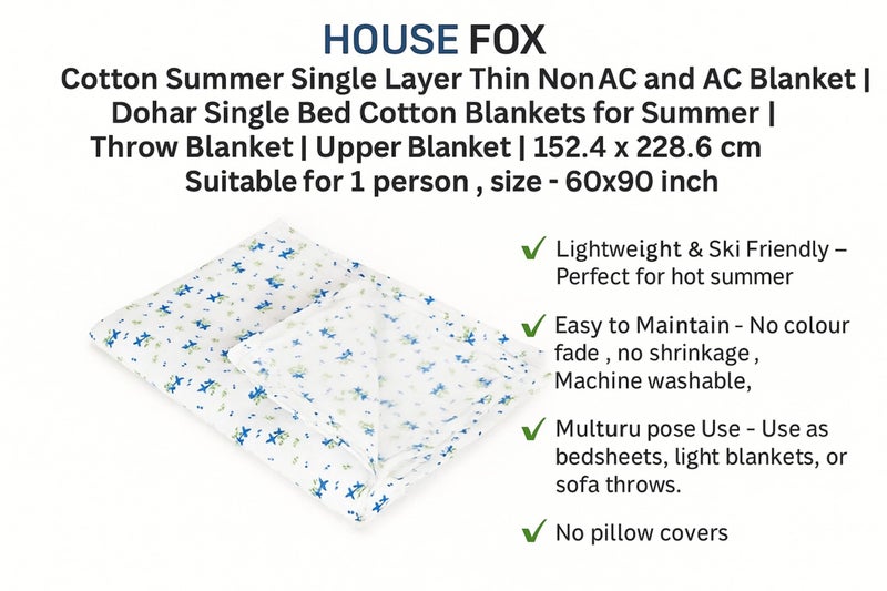 HOUSE FOX Cotton Summer | Single Layer | Thin | Non AC and AC Blanket | Dohar Single Bed Cotton Blankets for Summer | Throw Blanket | Upper Blanket | 152.4 x 228.6 cm (1, Floral Blue, Single) - Image 2