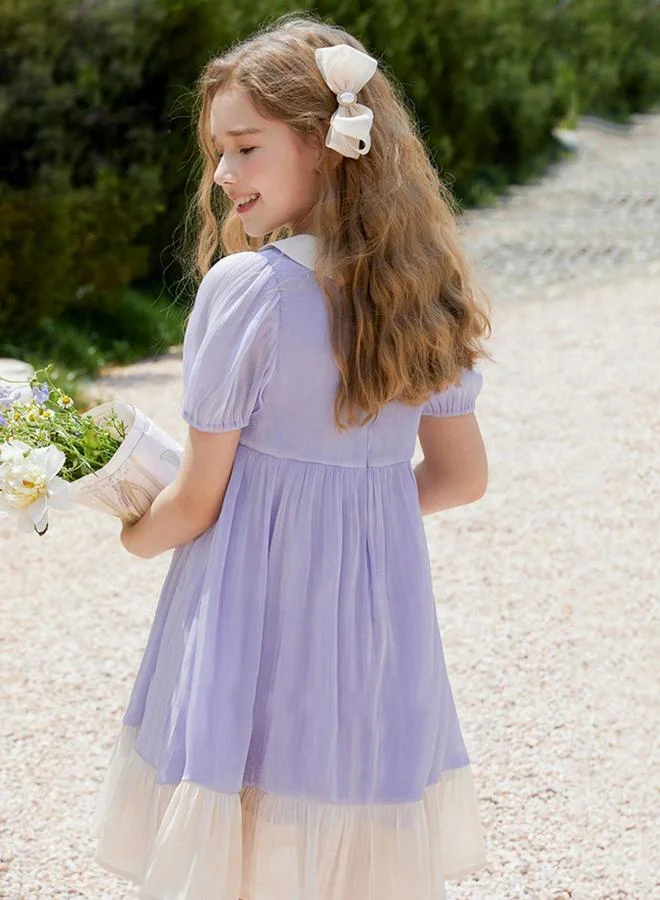 Take Two lavender Girls Contrast Peter Pan Collar Dress With Puff Sleeve for Women | Best Price UAE