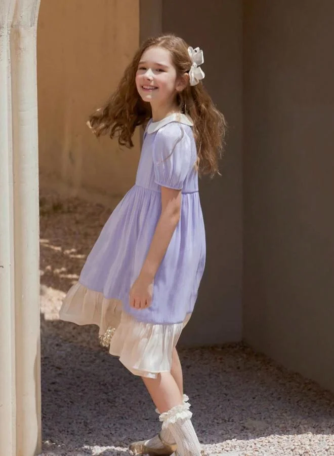 Take Two lavender Girls Contrast Peter Pan Collar Dress With Puff Sleeve for Women | Best Price UAE