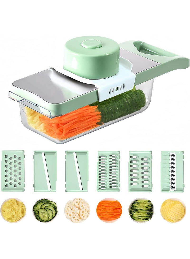 Vegetable Chopper, Mandoline Food Slicer Cutter with Handheld Container, 6 Blades and Blade Box, Cucumber Slicer, Magnetic Kitchen Tools for Veggie Potato Onion Butter Carrot (Green, 8 in 1) - Image 1