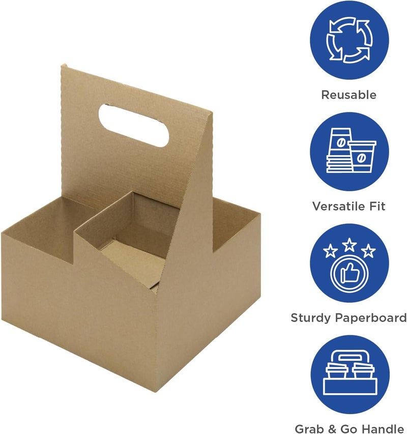 Karat Paperboard Drink Carrier with Handle - Sturdy Kraft Coffee Cup Carrier for Hot/Cold Beverages, Fits 10-32 oz Cups - Eco-Friendly, Disposable to-Go Drink Holder (4-Cup) - Image 2
