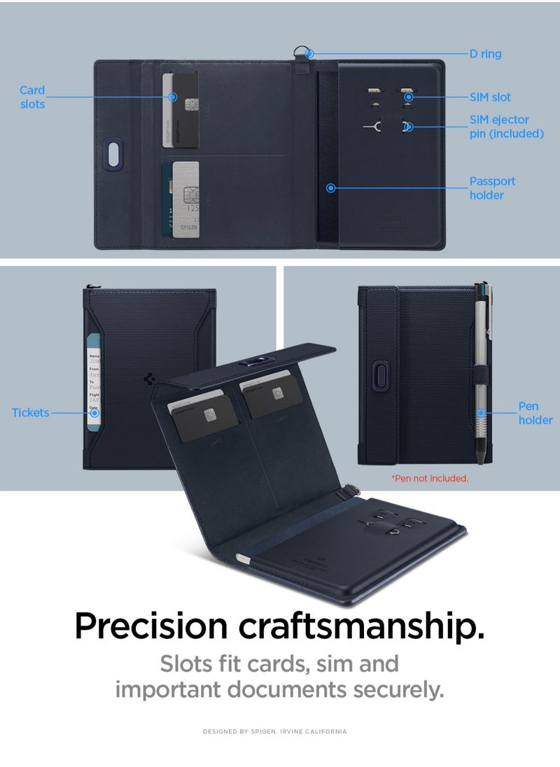 Spigen Passport Cover Holder Card Wallet Travel Documents Organizer Protector Accessories with RFID Blocking Technology SIM Card Pin Included - Navy Blue  - Image 3