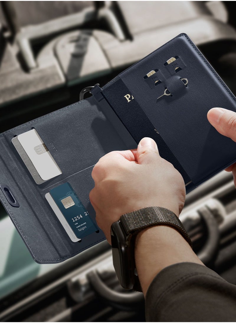 Spigen - Passport Cover Holder Card Wallet Travel Documents Organizer Protector Accessories with RFID Blocking Technology SIM Card Pin Included - Navy Blue - Image 1