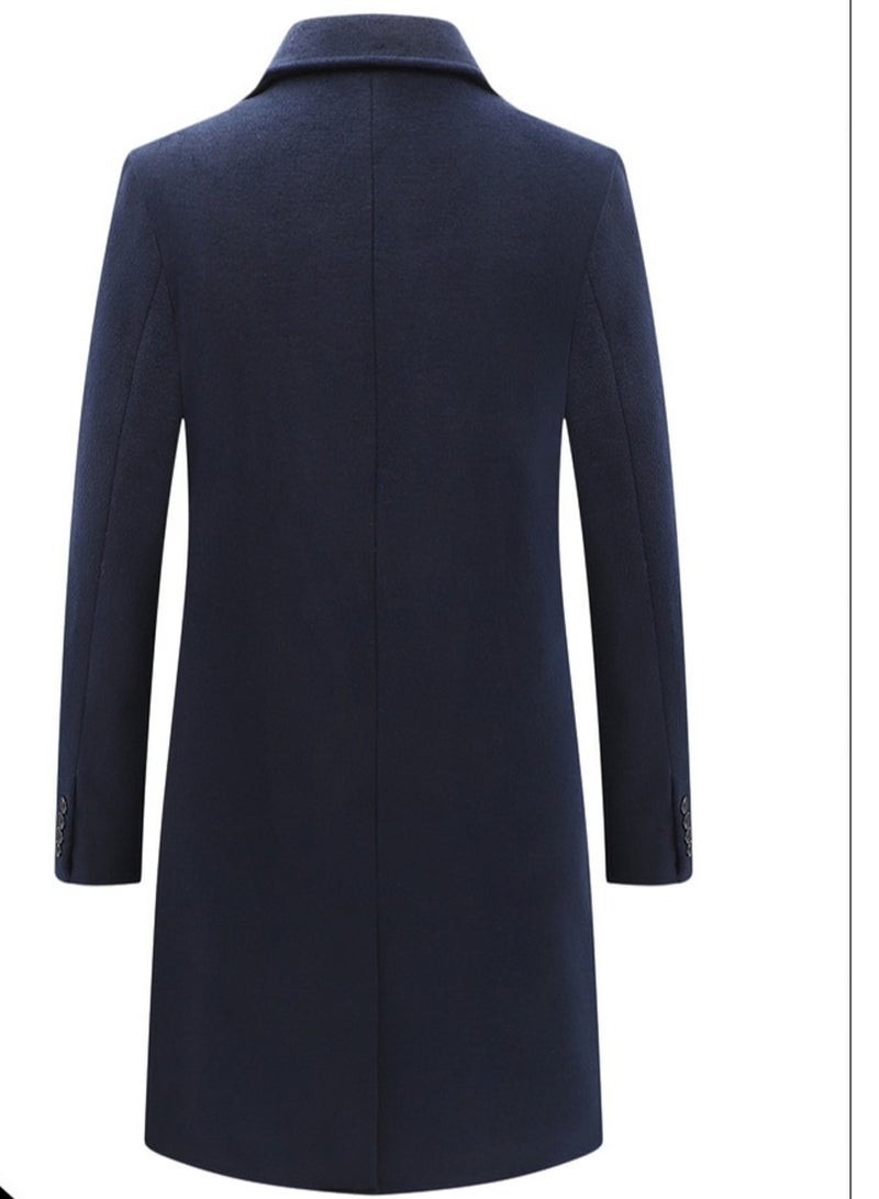 Men's Thick Woolen Casual Coat Slim Fit Suit Collar Long Jacket Overcoat With Pockets Navy Blue