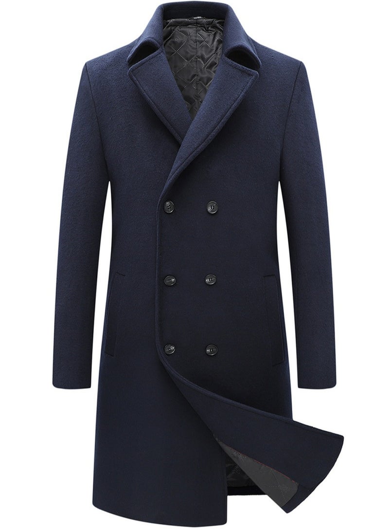 Men's Thick Woolen Casual Coat Slim Fit Suit Collar Long Jacket Overcoat With Pockets Navy Blue
