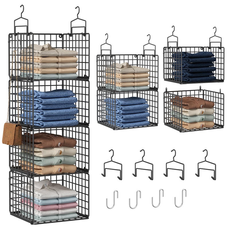 Orapoke Hanging Closet Organizer, 4 Tier Metal Closet Organizers and Storage with 4 Hanging Hooks 4 S-Hooks for Wardrobe Laundry Room, Wire Storage Shelf for Clothes Sweaters Pants (Black) - Image 1
