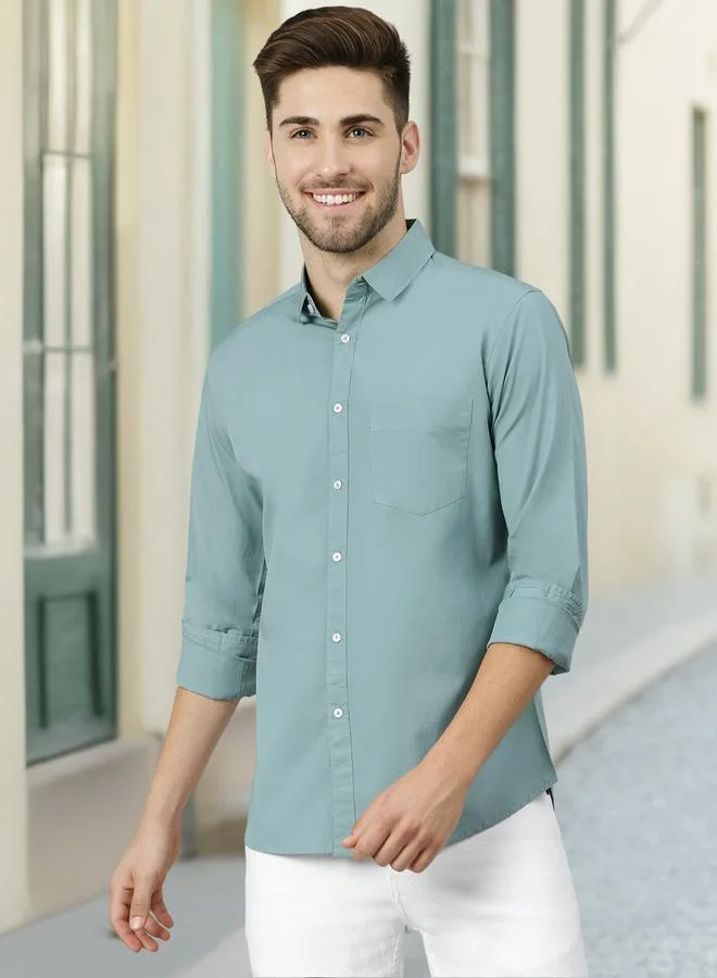 Dennis Lingo Men's Slim Fit Teal Blue Casual Cotton Spread Shirt
