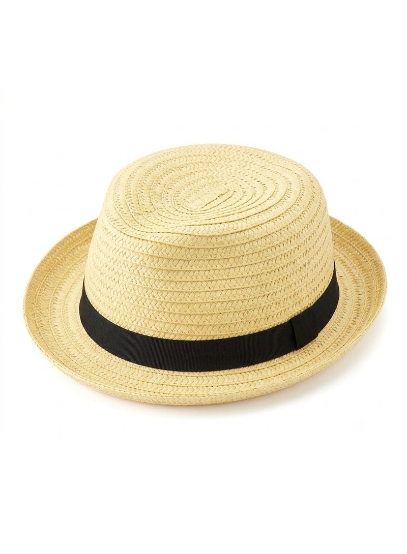 Kids Classic Straw Boater Sun Hat with Black Band, Natural Yellow