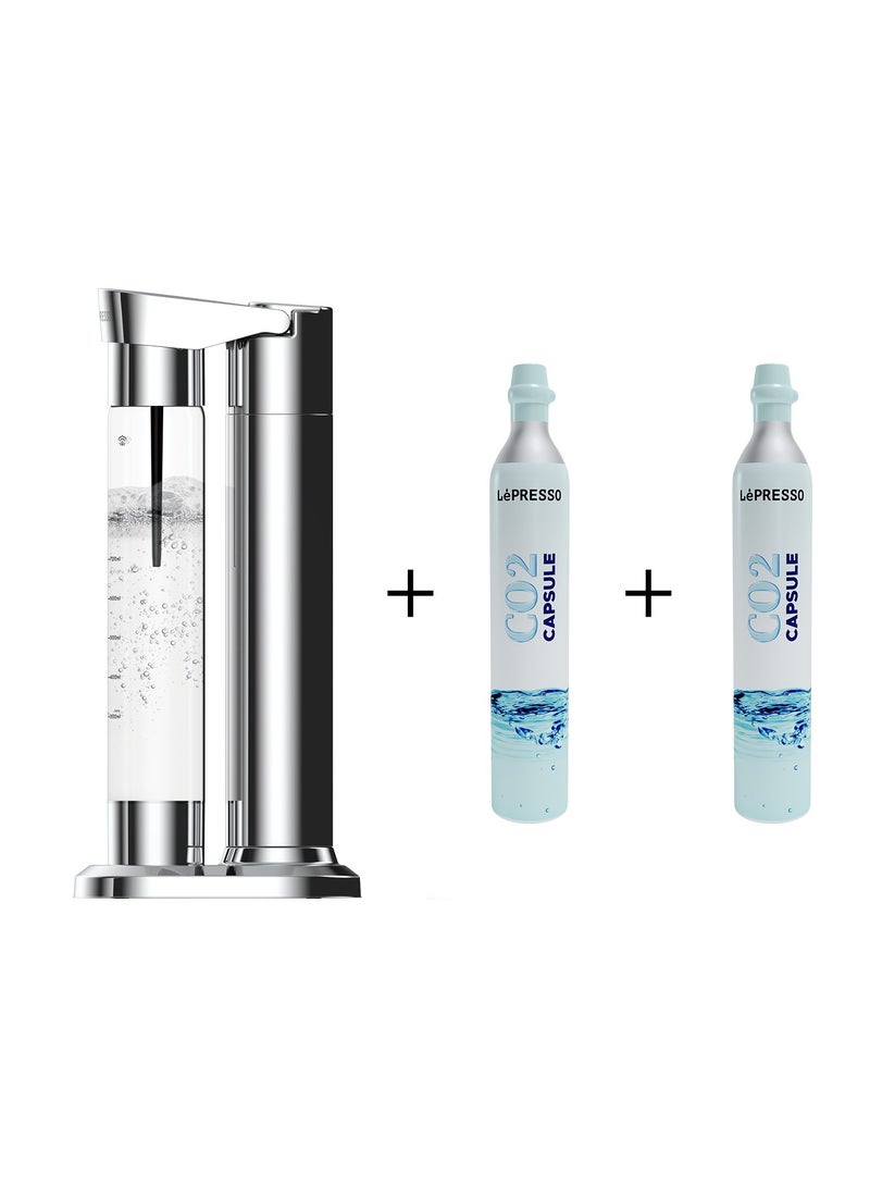 ليبرسو جهاز صنع المياه الغازية مع حامل لزجاجتين (500 مل - 350 مل)، متوافق مع كبسولات ثاني أكسيد الكربون، مصنوع من مادة PET مقاومة للانفجار وخالية من مادة BPA، تفريغ تلقائي للهواء، سهل التنظيف، آمن وسريع لتحويل الماء إلى مياه غازية، يتضمن عبوتين من كبسولات ثاني أكسيد الكربون سعة 0.6 لتر - عبوة فضية - Image 1