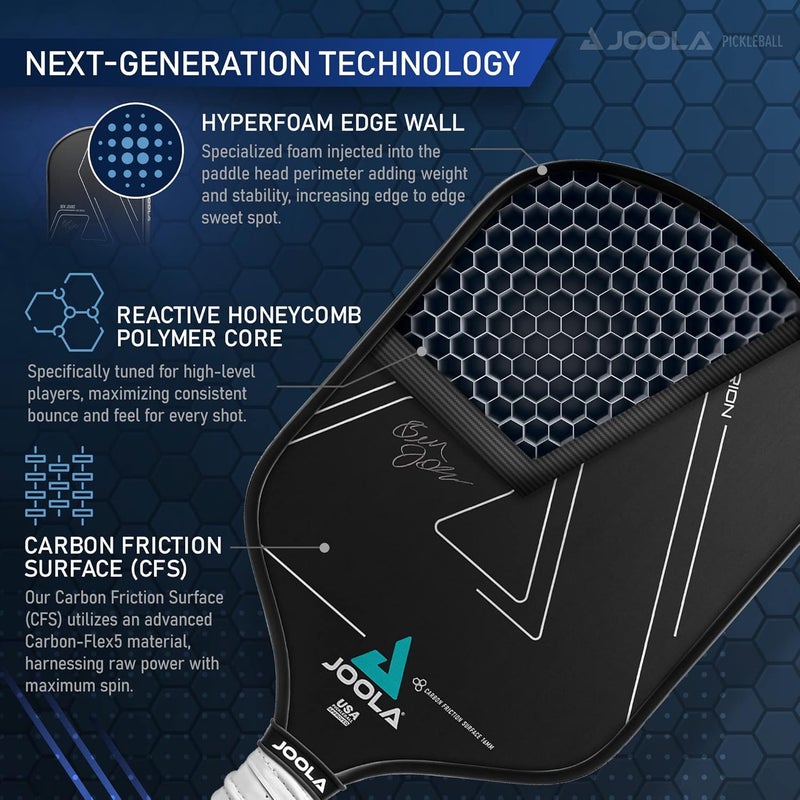 JOOLA مضرب بيكلبول JOOLA بن جونز هايبرون CFS - مضرب بن جونز الرسمي - معتمد من USAPA للبطولات - نقطة حلاوة من الحافة إلى الحافة، سطح متين مع أقصى دوران ومقبض مطول - Image 4