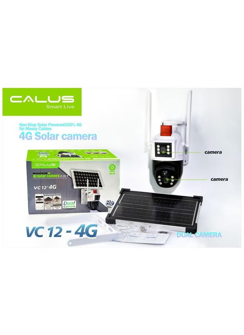 Calus AI Solar Camera 2 in 1 Easy to achieve real-time remote viewing | VC 12-4G |Dual Camera | HD pixels Mobil Detection |Bidirectional Pan Tilt Full Color Night Vision | Black and White