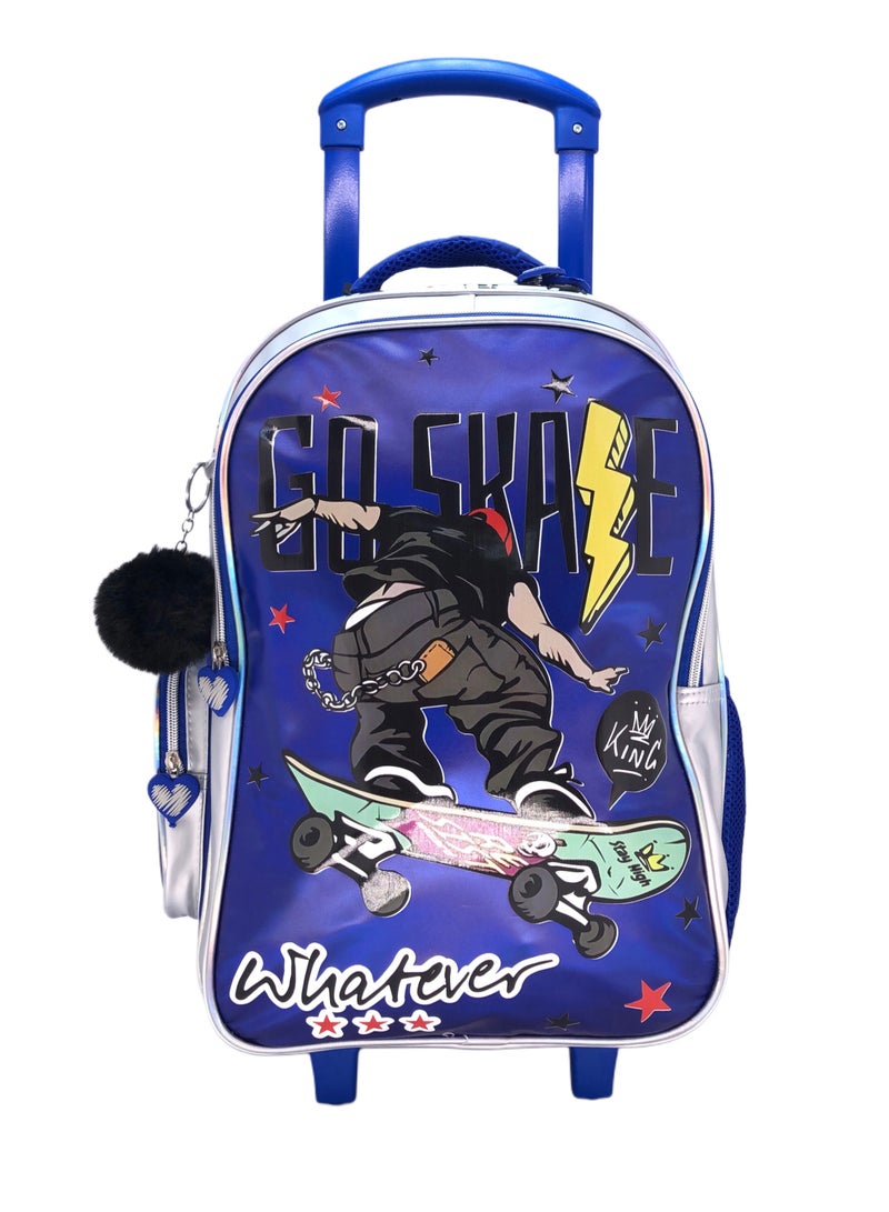 i-kola Blue Skate Design Rolling Backpack 15 inch Wheeled Kids Backpack with Lunch Bag and Pencil Case for Boys Blue And Silver - Image 2