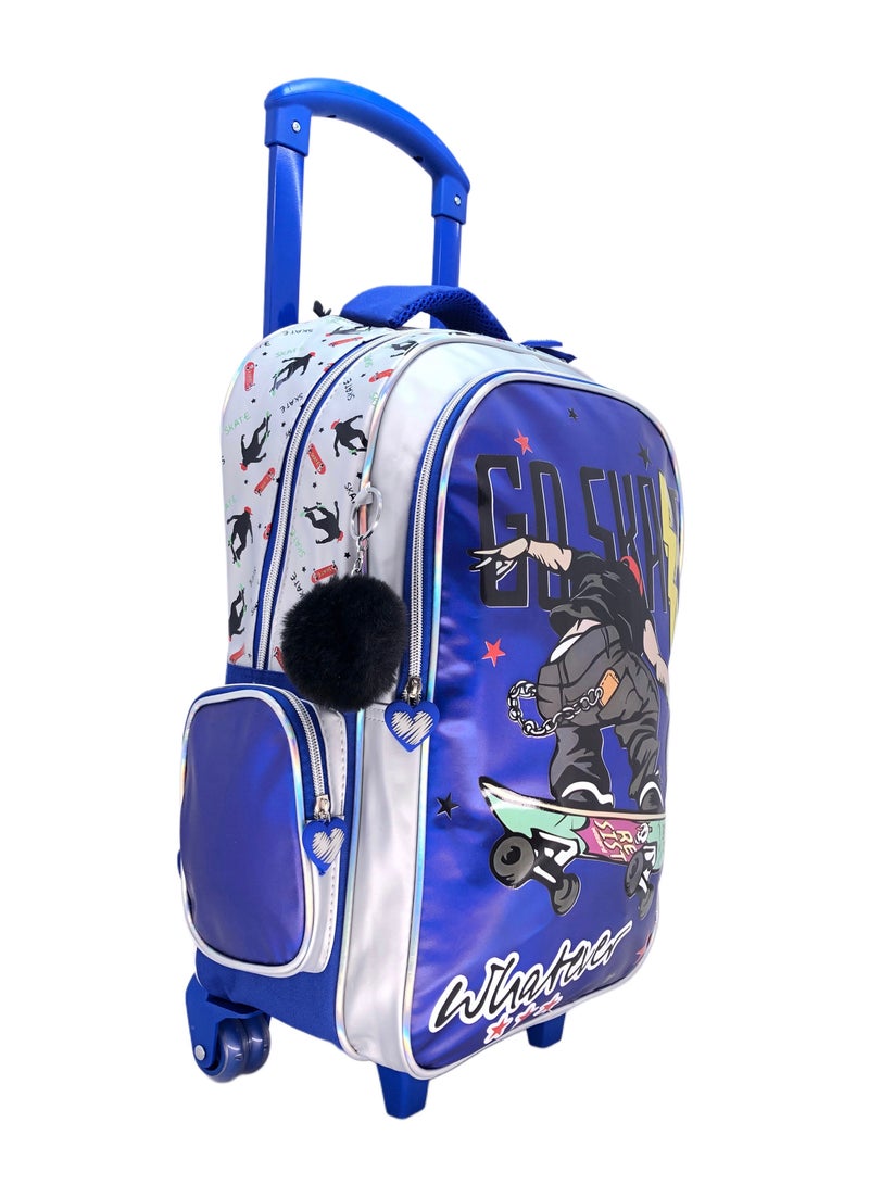 i-kola Blue Skate Design Rolling Backpack 15 inch Wheeled Kids Backpack with Lunch Bag and Pencil Case for Boys Blue And Silver - Image 3