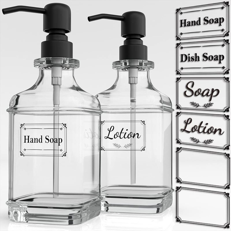 GLADPURE GLADPURE 2 Pack Soap Dispenser 18 Oz Antique Design Thick Glass Hand Dispensers with 304 Rust Proof Stainless Steel Pump 6Pcs Clear Stickers for Kitchen Bathroom Black 