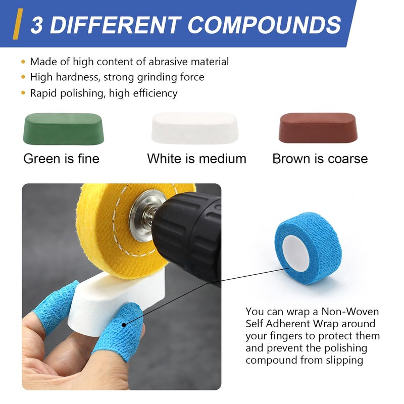 SCOTTCHEN 3inch Buffing Polishing Wheel with 1/4" Shank for Drill, 3/8" Arbor Hole,Soft/Fine/Medium -3pcs,with Buffing Polishing Cutting Compounds 7.4 Oz.Kit,with 2 Pack Non-Woven Bandage - Image 4