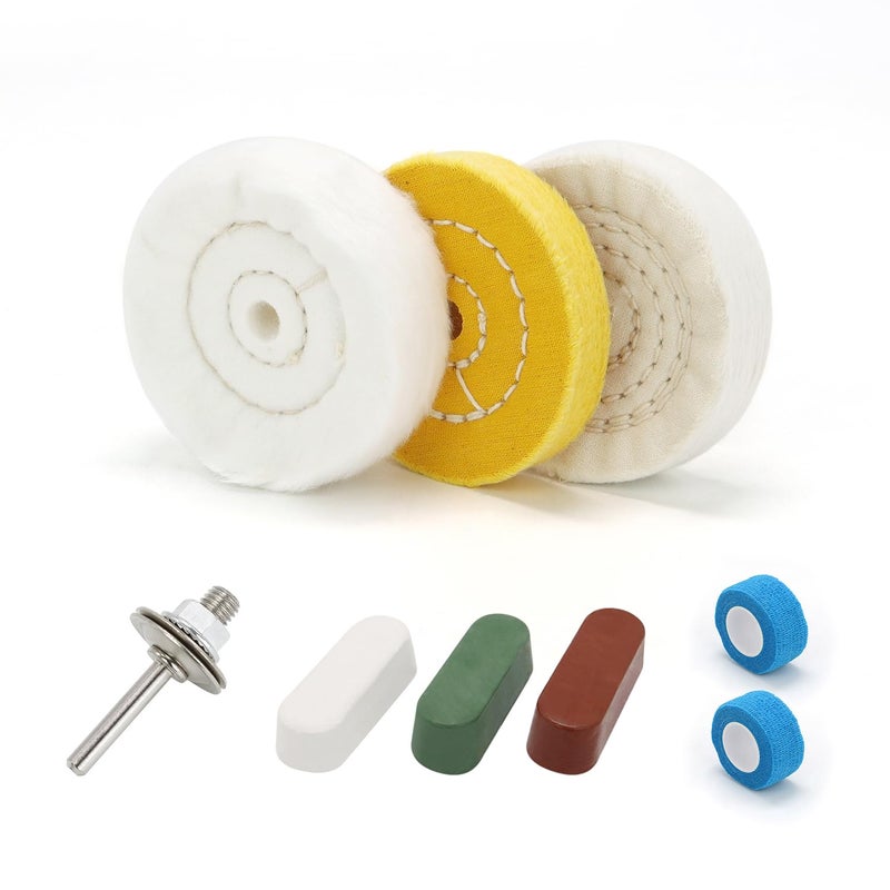 SCOTTCHEN 3inch Buffing Polishing Wheel with 1/4" Shank for Drill, 3/8" Arbor Hole,Soft/Fine/Medium -3pcs,with Buffing Polishing Cutting Compounds 7.4 Oz.Kit,with 2 Pack Non-Woven Bandage - Image 1