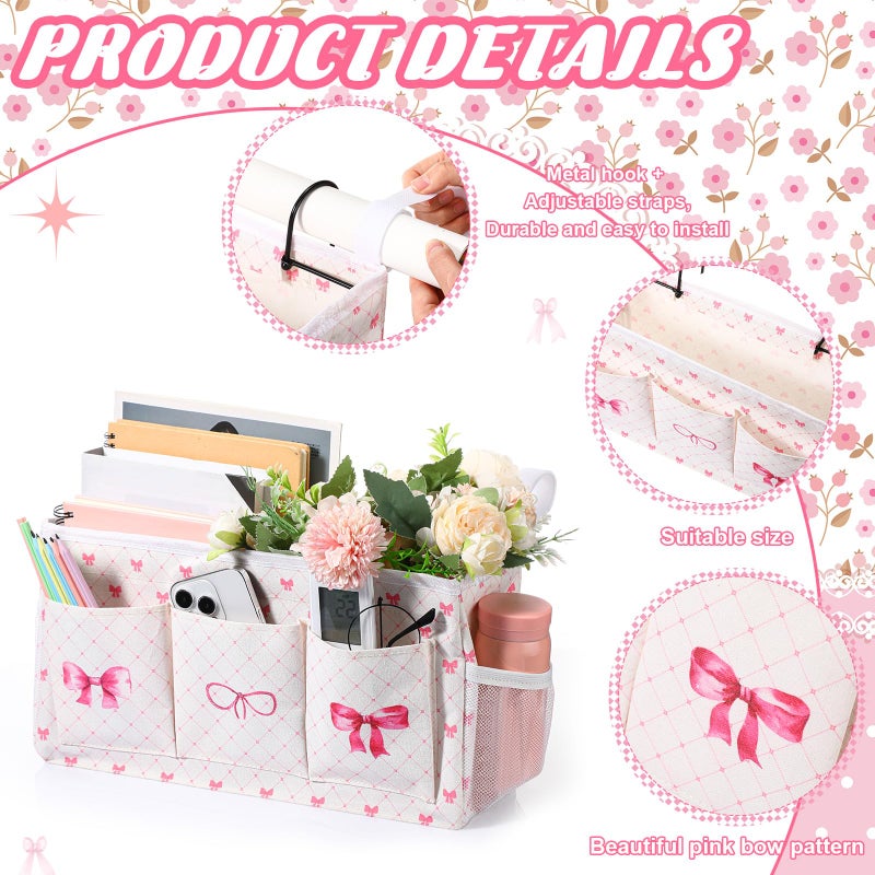 Bulyoou Pink Bow Bedside Caddy, Cute Bow Bedside Organizer, Pink Coquette Aesthetic Hanging Storage Caddy Bag with Fixed Strap and Water Bottle Holder for Home, College, Dorm, Bunk, Hospital, Bed Rail - Image 2