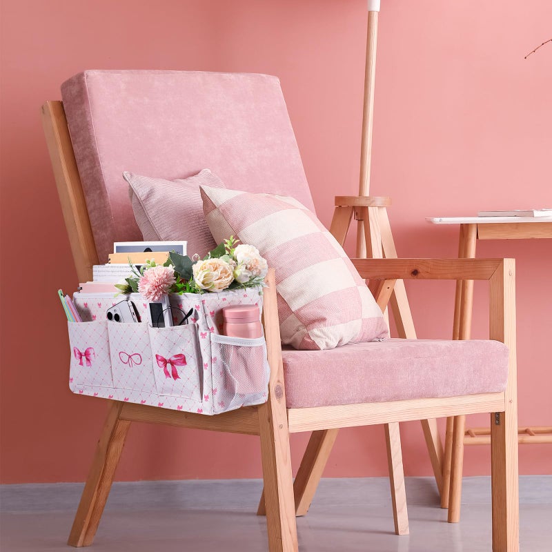 Bulyoou Pink Bow Bedside Caddy, Cute Bow Bedside Organizer, Pink Coquette Aesthetic Hanging Storage Caddy Bag with Fixed Strap and Water Bottle Holder for Home, College, Dorm, Bunk, Hospital, Bed Rail - Image 4