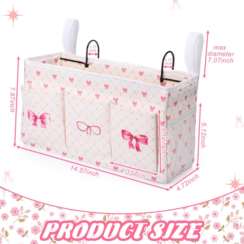 Bulyoou Pink Bow Bedside Caddy, Cute Bow Bedside Organizer, Pink Coquette Aesthetic Hanging Storage Caddy Bag with Fixed Strap and Water Bottle Holder for Home, College, Dorm, Bunk, Hospital, Bed Rail - Image 3