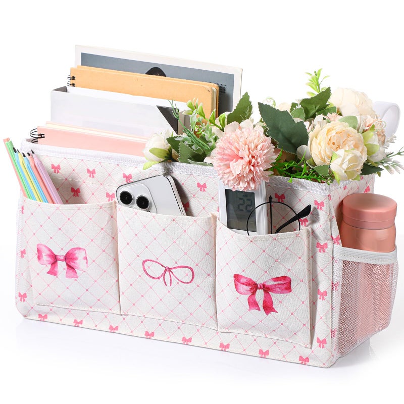 Bulyoou Pink Bow Bedside Caddy, Cute Bow Bedside Organizer, Pink Coquette Aesthetic Hanging Storage Caddy Bag with Fixed Strap and Water Bottle Holder for Home, College, Dorm, Bunk, Hospital, Bed Rail - Image 1