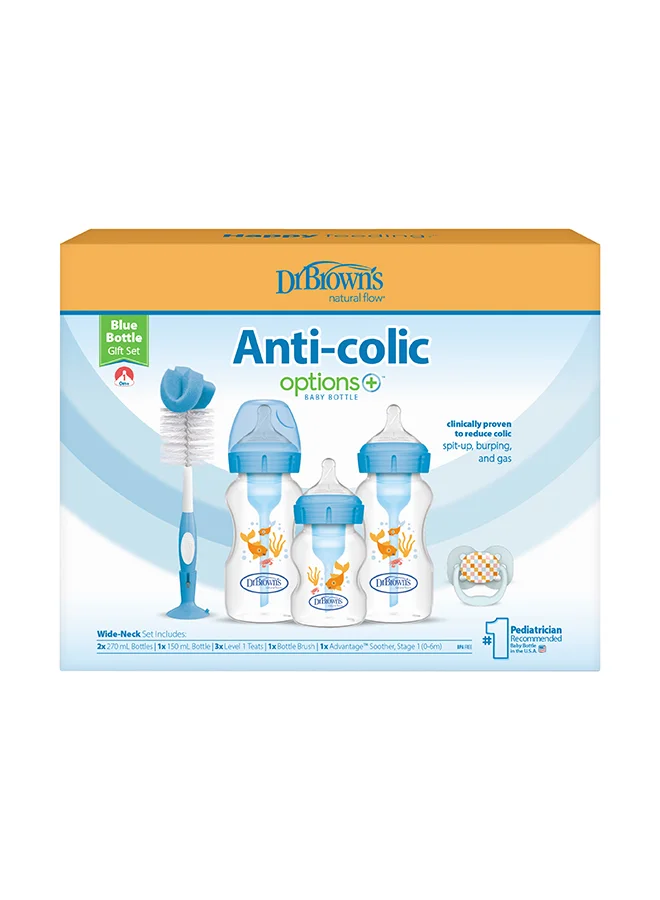 دكتور براونز PP W-N Anti-Colic Options+ Baby Bottle, BLUE Gift Set (2x270 & 1x150 mL bottles, 1 bottle brush, 1 pacifier, 2 cleaning brushes)