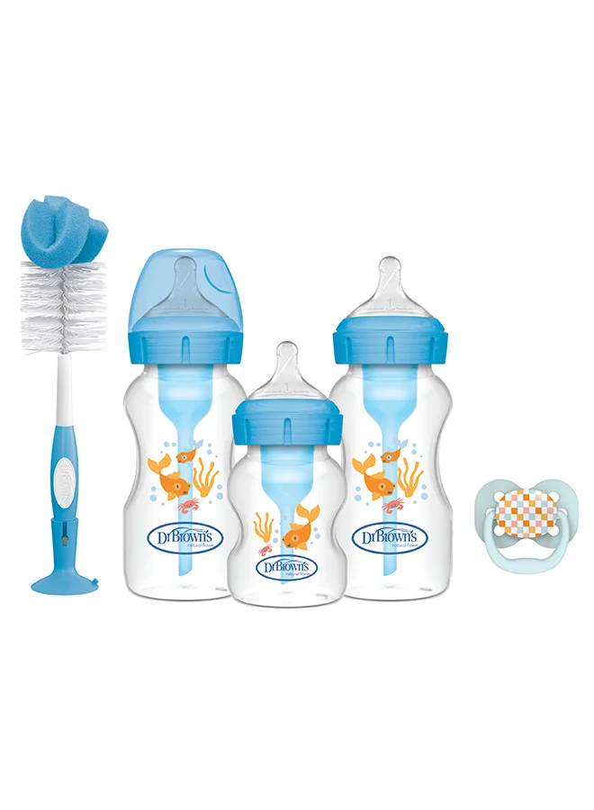 دكتور براونز PP W-N Anti-Colic Options+ Baby Bottle, BLUE Gift Set (2x270 & 1x150 mL bottles, 1 bottle brush, 1 pacifier, 2 cleaning brushes)