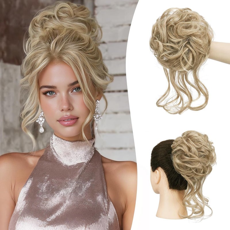 SOFEIYAN Messy Bun Hair Piece Curly Wavy Hair Bun Extensions Synthetic Tousled Updo with Tendrils Hairpieces Bun Donut Accessories Scrunchies for Women, Light Ash Blonde Mix Pale Blonde - Image 1