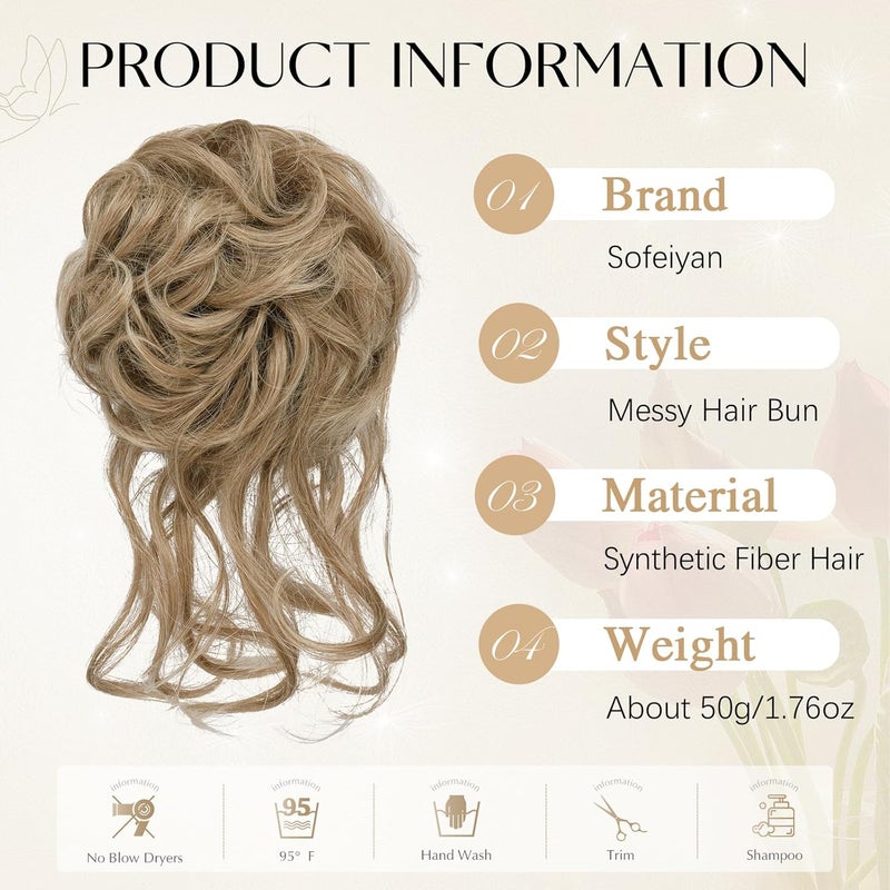SOFEIYAN Messy Bun Hair Piece Curly Wavy Hair Bun Extensions Synthetic Tousled Updo with Tendrils Hairpieces Bun Donut Accessories Scrunchies for Women, Light Ash Blonde Mix Pale Blonde - Image 2