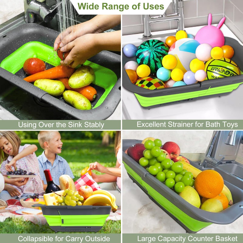 ROTTOGOON 7Qt Collapsible Colander Strainer, Expandable Over the Sink Colander, Adjustable Silicone Kitchen Sink Strainer, Foldable Large Colanders Basket to Wash Vegetable, Fruit, 15" to 19.8", Green - Image 3