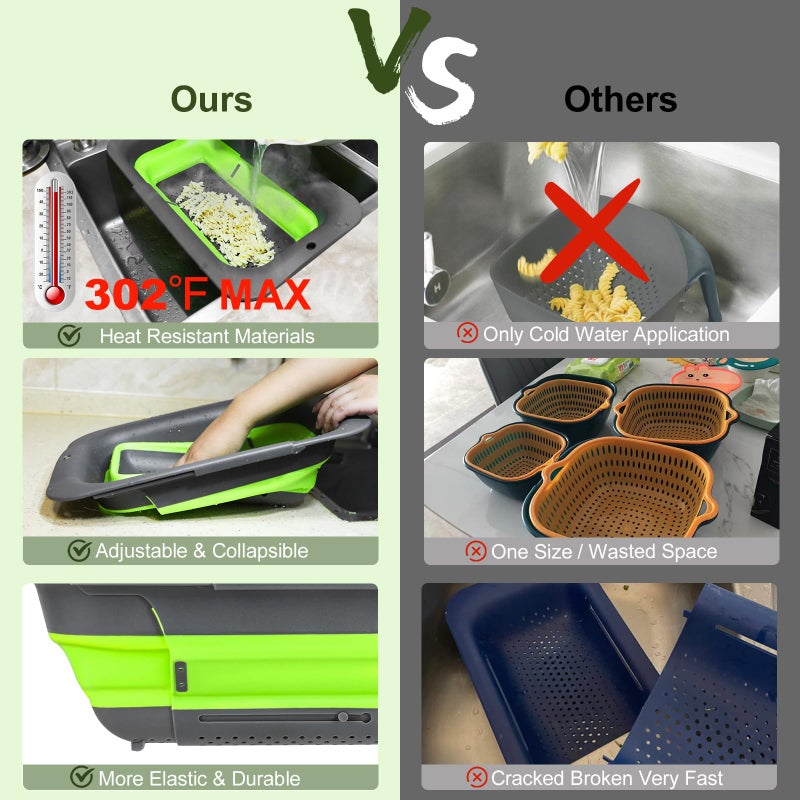 ROTTOGOON 7Qt Collapsible Colander Strainer, Expandable Over the Sink Colander, Adjustable Silicone Kitchen Sink Strainer, Foldable Large Colanders Basket to Wash Vegetable, Fruit, 15" to 19.8", Green - Image 5