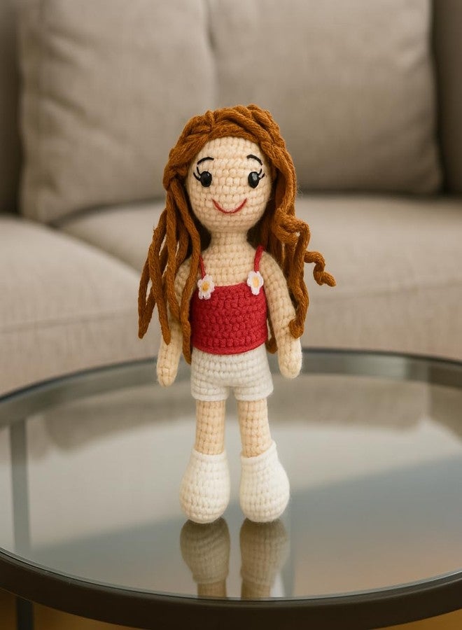 سوترا دمية كروشيه يدوية الصنع من سوترا، ترتدي بلوزة حمراء مزهرة وتنورة بيضاء | دمية أميغورومي صوفية ناعمة | هدية يدوية الصنع للأطفال، وديكور لغرفة الأطفال والمنزل - Image 4