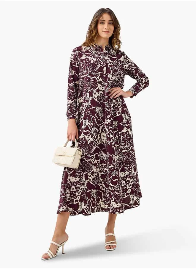 ايكونيك Iconic Floral Print Trapeze Midi Dress with Collar and Long Sleeves