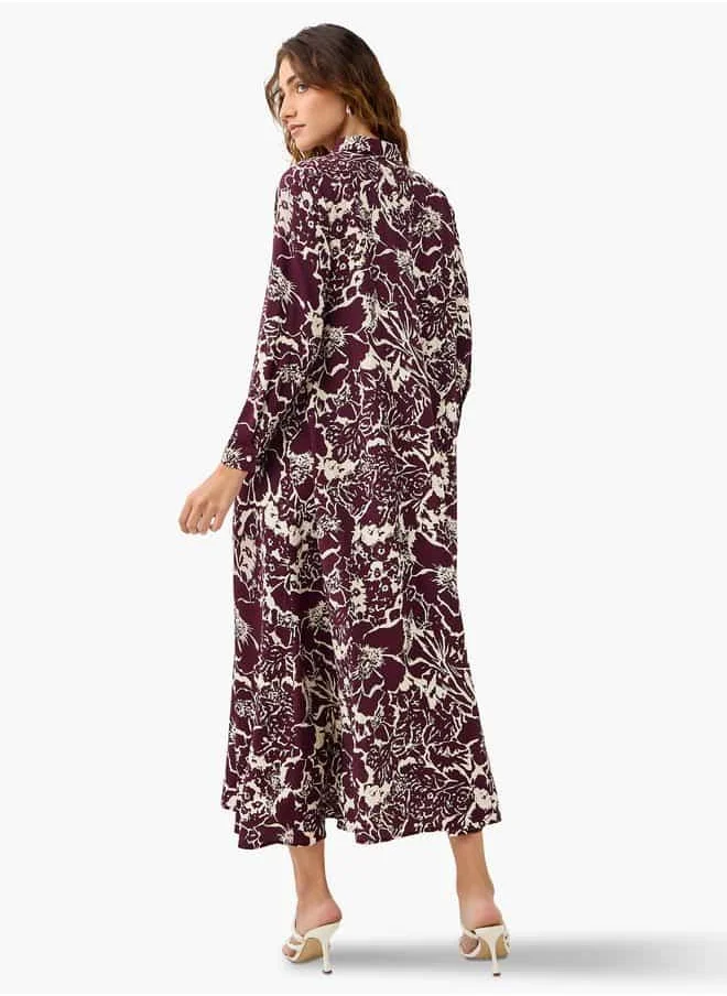 ايكونيك Iconic Floral Print Trapeze Midi Dress with Collar and Long Sleeves