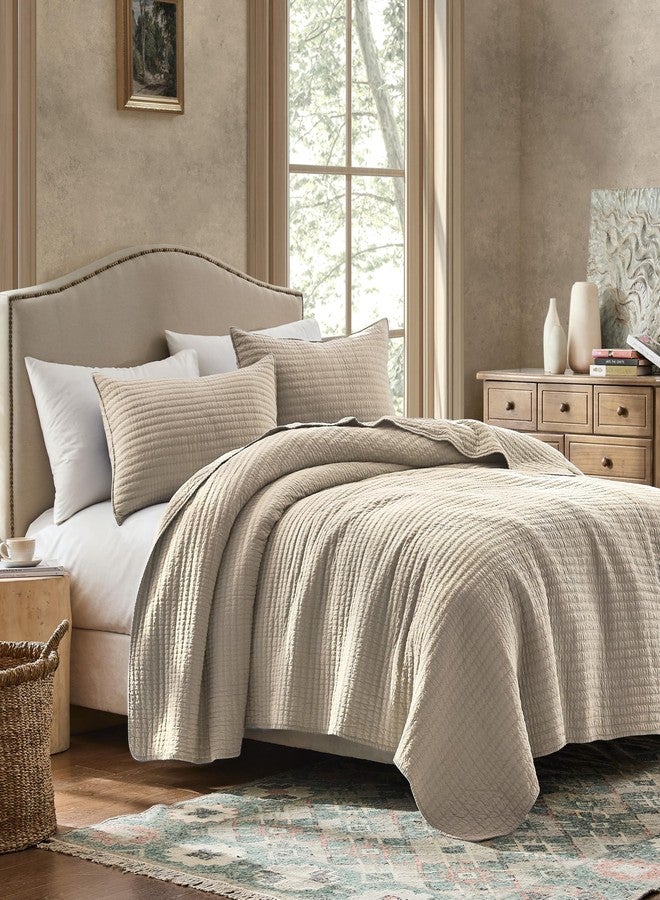WDCOZY 100% Cotton Twin Size Quilt Set - Beige Neutral Striped Pick Stitch Soft Lightweight Bedspread, Textured Like Linen, Farmhouse Country Rustic Coverlet, Shabby Chic Gauze Bedding, 2 Pieces - Image 5