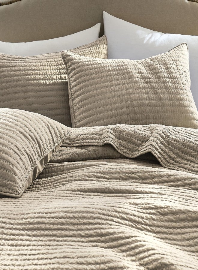 WDCOZY 100% Cotton Twin Size Quilt Set - Beige Neutral Striped Pick Stitch Soft Lightweight Bedspread, Textured Like Linen, Farmhouse Country Rustic Coverlet, Shabby Chic Gauze Bedding, 2 Pieces - Image 2